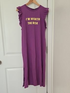 Zara Purple Graphic Maxi Dress Raffle Shouldle Details size M